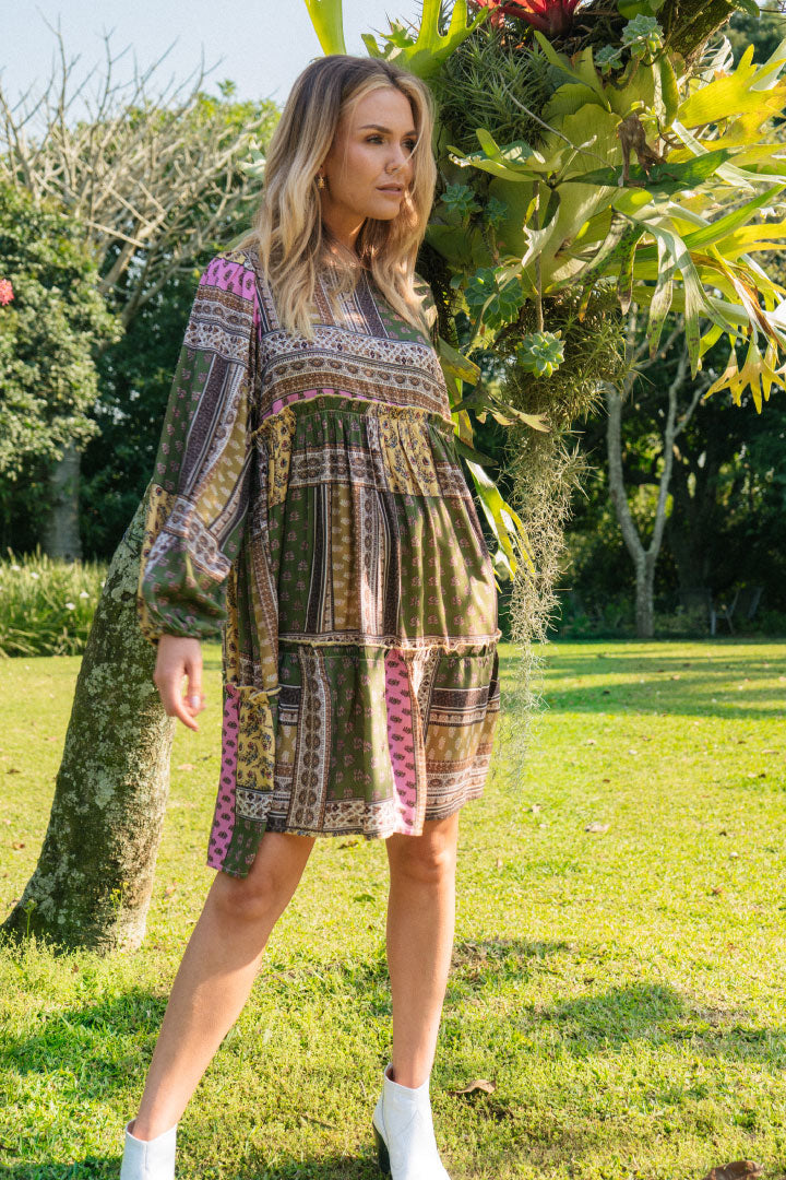 Beverly Dress  Relaxed Oversized Frill Dress | Boho Olive Green Floral |  Lucia