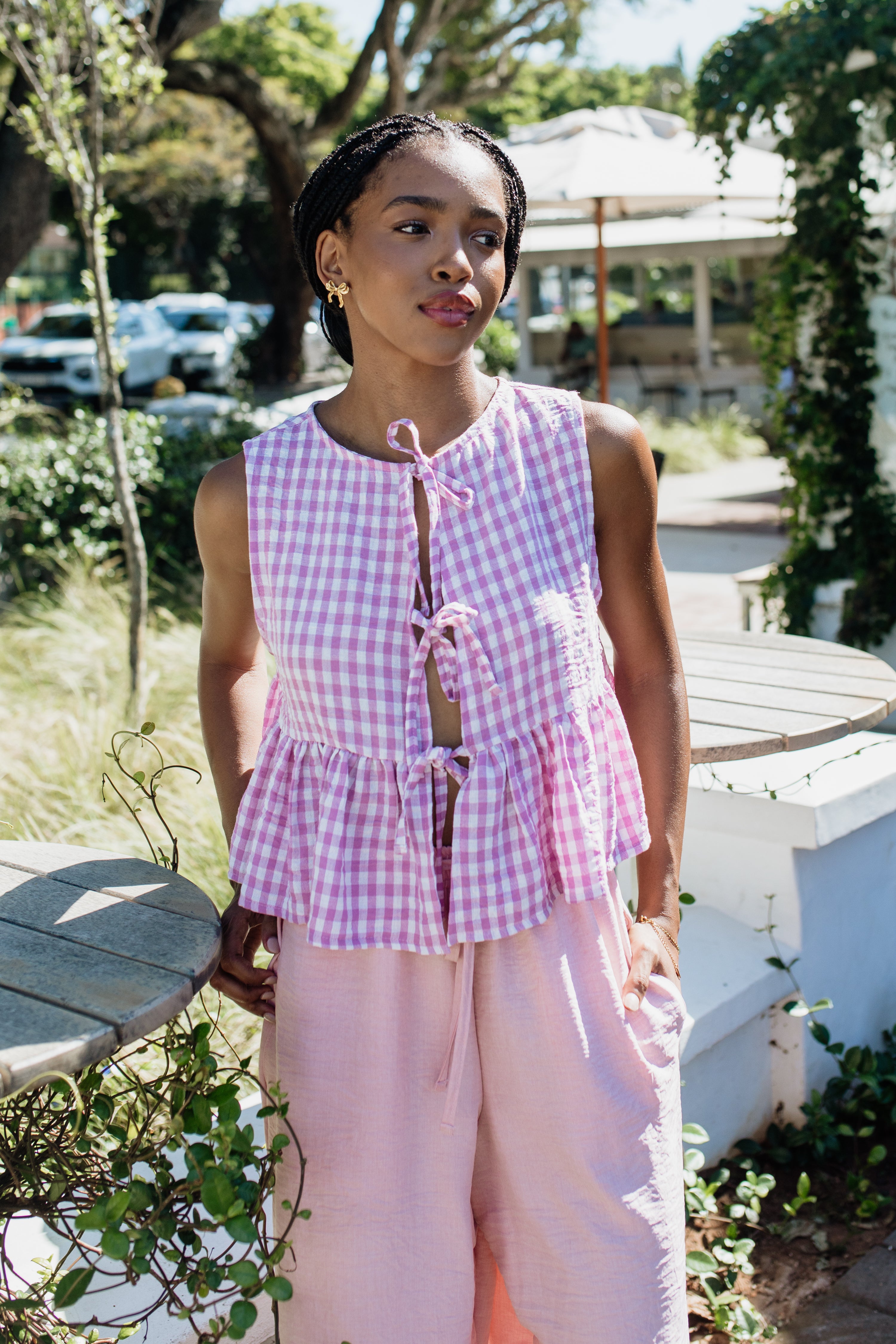 London Sleeveless Top | Lilac Gingham