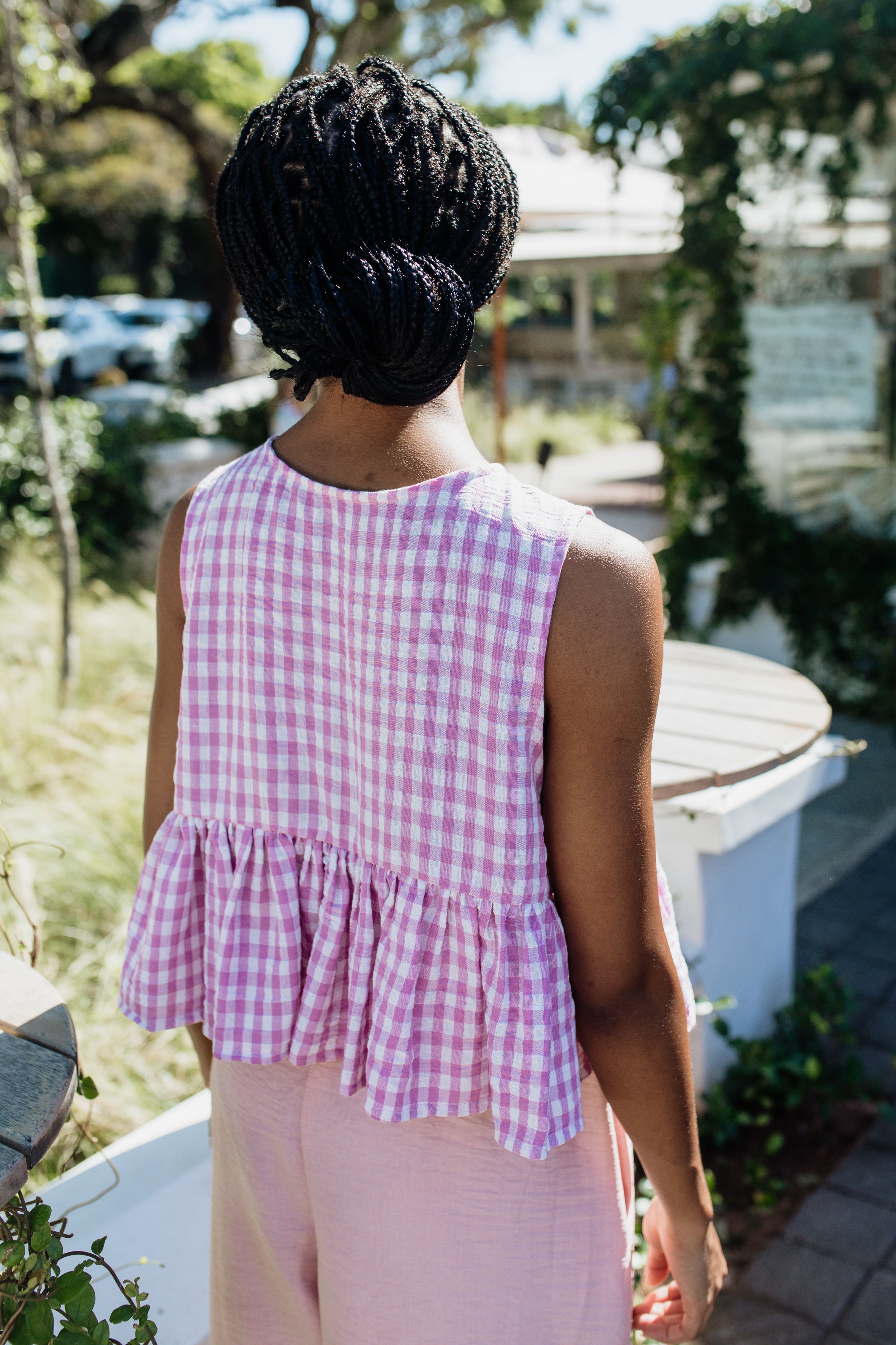 London Sleeveless Top | Lilac Gingham